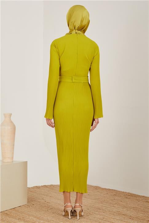 Armine Beli Çapraz Kemerli Piliseli Elbise 23Y9663 Fıstık