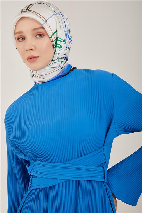 Armine Beli Çapraz Kemerli Piliseli Elbise 23Y9663 Kobalt