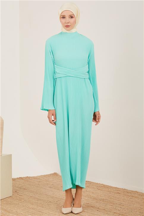 Armine Beli Çapraz Kemerli Piliseli Elbise 23Y9663 Deniz Köpüğü
