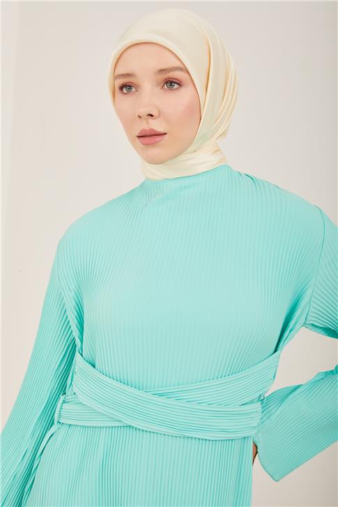 Armine Beli Çapraz Kemerli Piliseli Elbise 23Y9663 Deniz Köpüğü