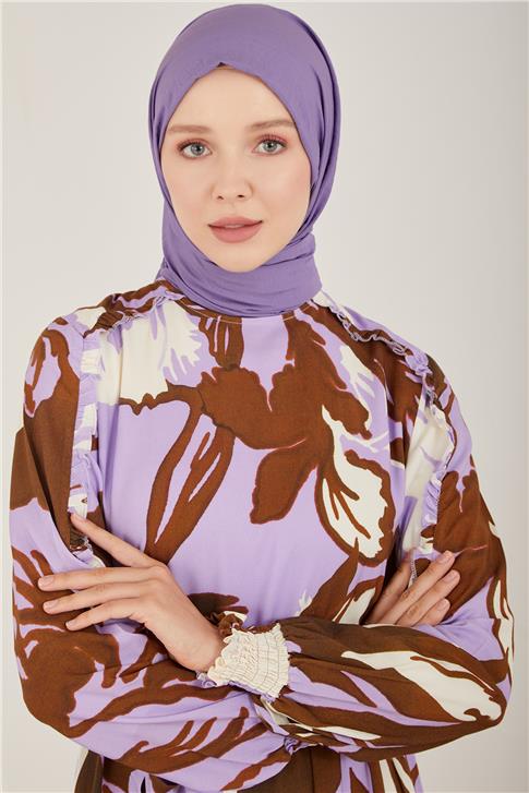 Armine Fırfırlı Desenli Viskon Elbise 23Y9669 Lavanta