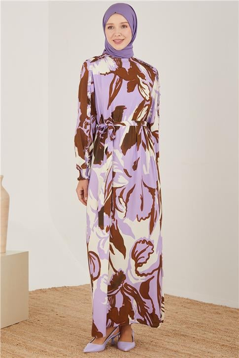 Armine Fırfırlı Desenli Viskon Elbise 23Y9669 Lavanta