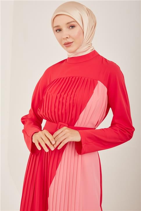 Armine İki Renkli Pliseli Elbise 23Y9675 Kiraz
