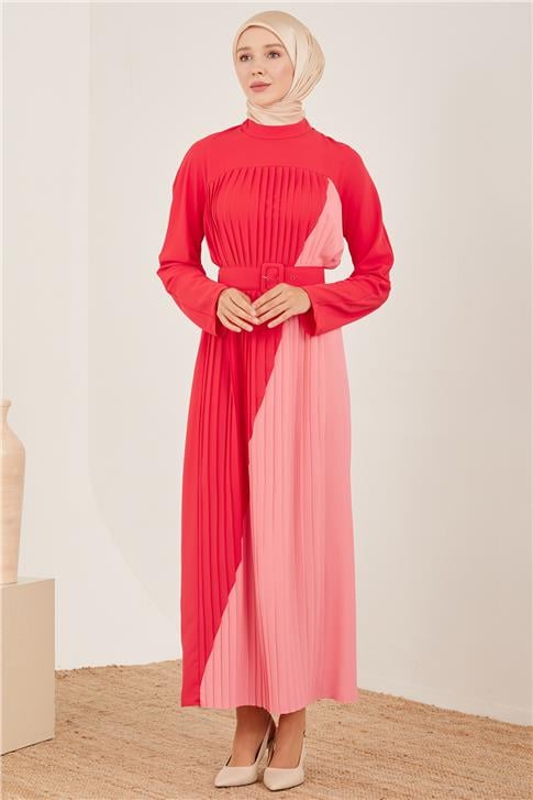 Armine İki Renkli Pliseli Elbise 23Y9675 Kiraz