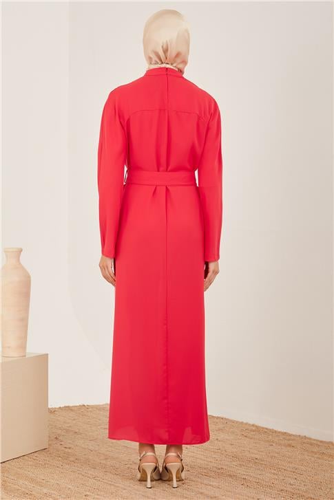 Armine İki Renkli Pliseli Elbise 23Y9675 Kiraz