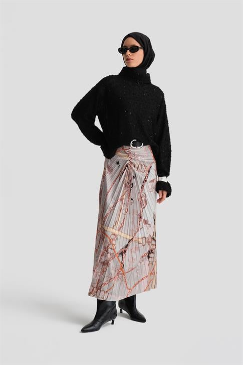 Armine Dikey Büzgülü Desenli Etek 24K1711 Vizon