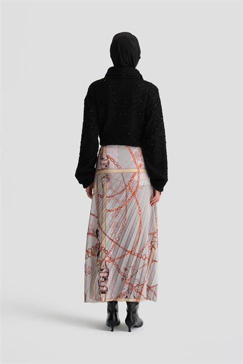 Armine Dikey Büzgülü Desenli Etek 24K1711 Vizon