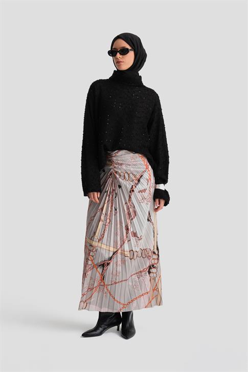 Armine Dikey Büzgülü Desenli Etek 24K1711 Vizon