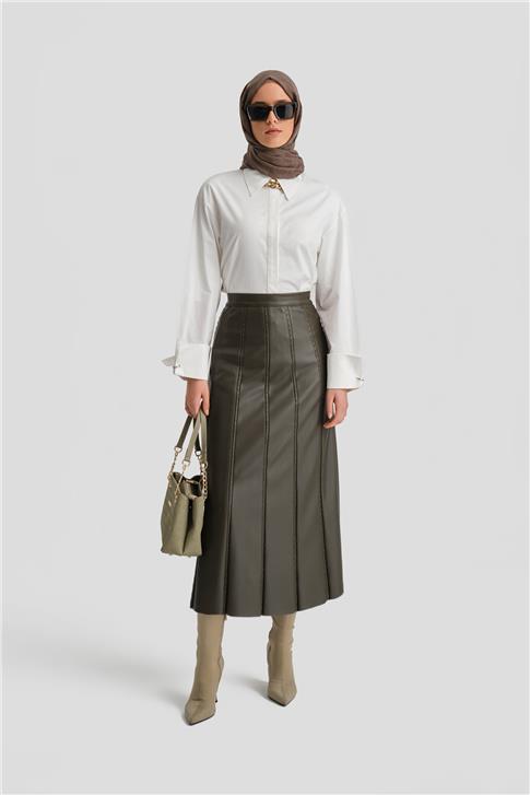 Armine Trok Biyeli Deri Etek 24K1720 Haki