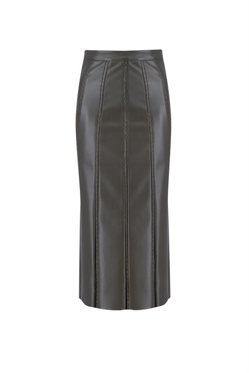 Armine Trok Biyeli Deri Etek 24K1720 Haki