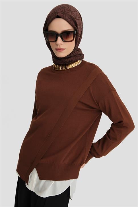 Armine Aller Detaylı Triko Kazak 25KD2005 Kızıl Kahve