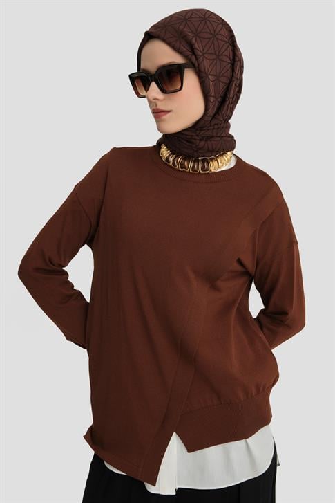 Armine Aller Detaylı Triko Kazak 25KD2005 Kızıl Kahve