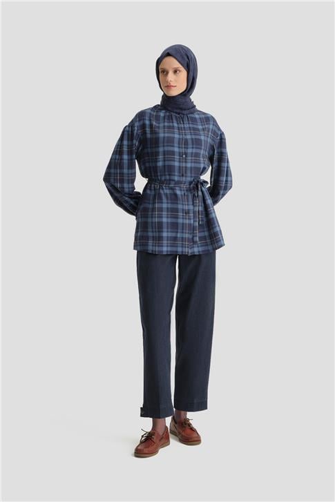 Armine Beli Bağlanabilir Ekose Gömlek 24K3601 Lacivert