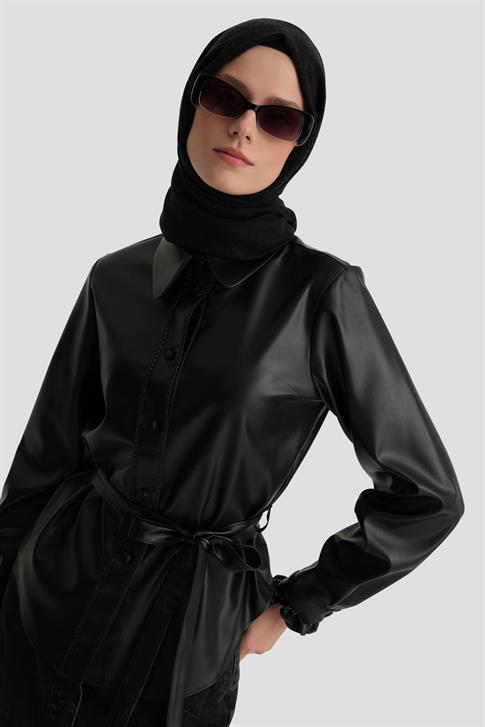 Armine Örgü Şeritli Deri Gömlek 25K3610 Siyah