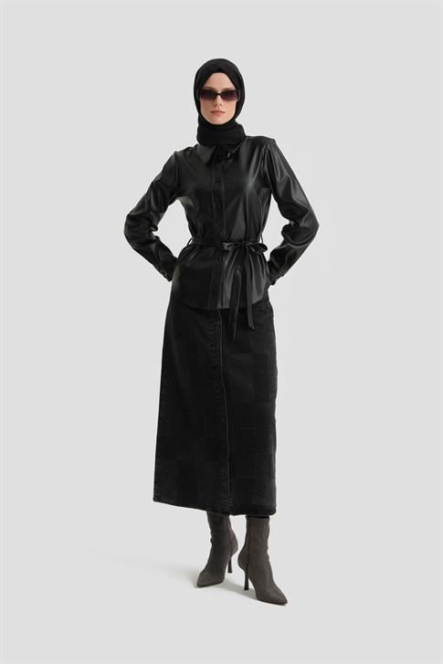 Armine Örgü Şeritli Deri Gömlek 25K3610 Siyah