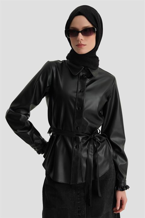 Armine Örgü Şeritli Deri Gömlek 25K3610 Siyah