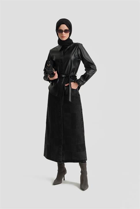 Armine Örgü Şeritli Deri Gömlek 25K3610 Siyah