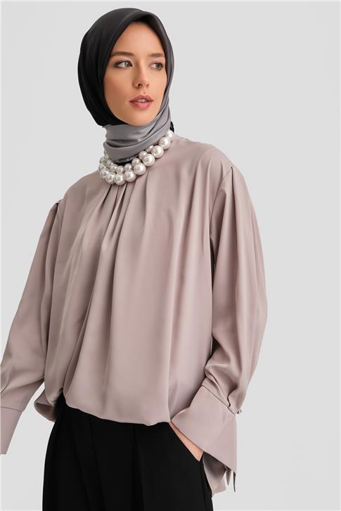 Armine Manşeti Kuşaklı Bluz 25K3612 Vizon