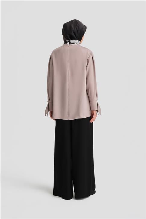 Armine Manşeti Kuşaklı Bluz 25K3612 Vizon