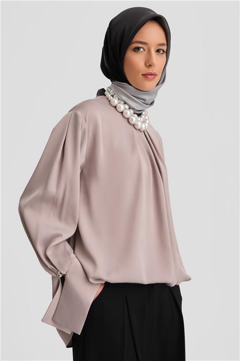 Armine Manşeti Kuşaklı Bluz 25K3612 Vizon