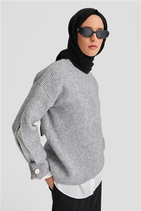 Armine Kolu Yırtmaç Detaylı Kazak 25KD4201 Gri Melanj