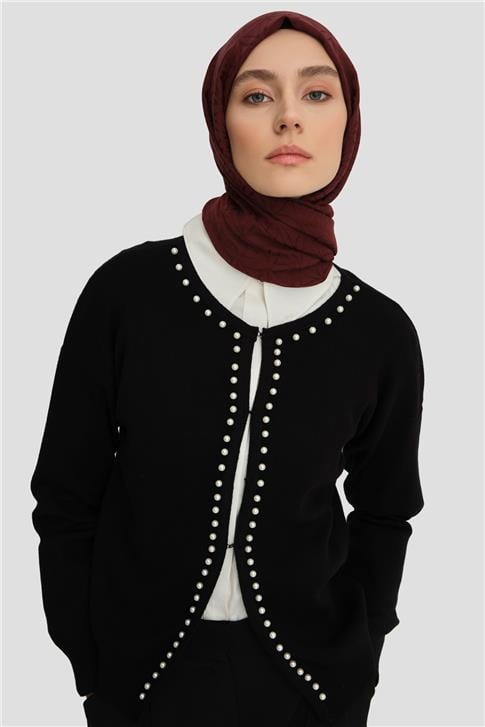 Armine İncili Triko Hırka 25KD4202 Siyah