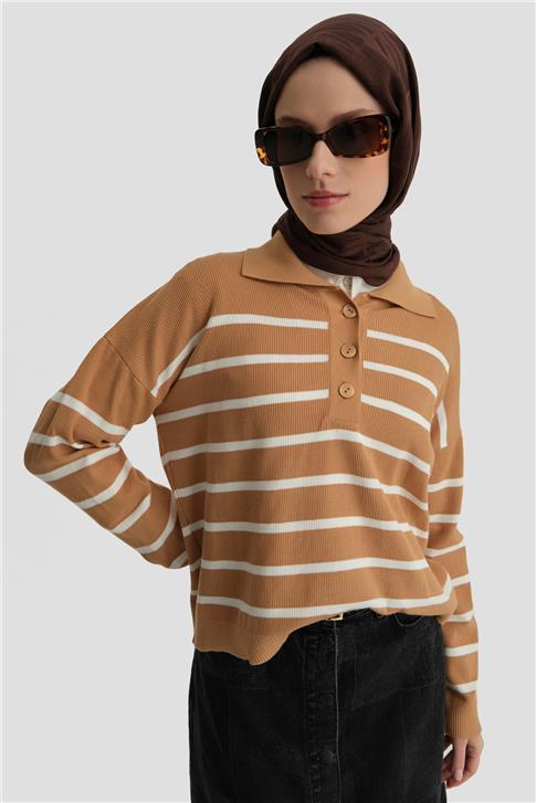 Armine Çizgili Triko Kazak 24KD4208 Camel