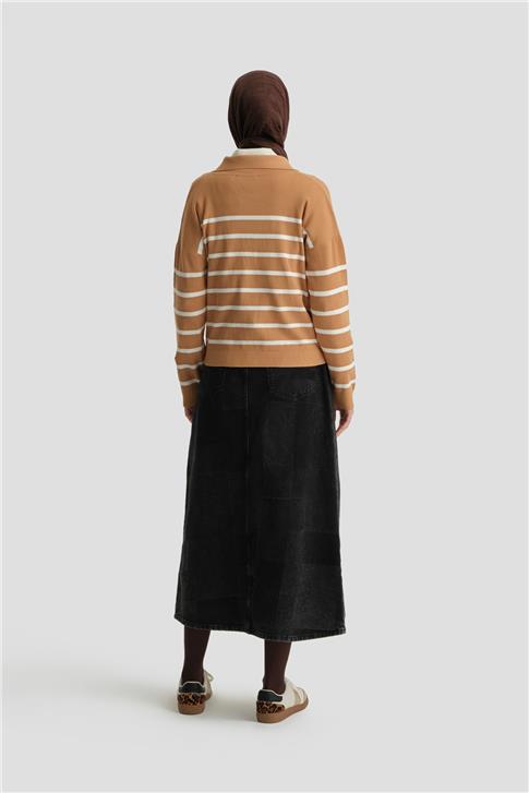 Armine Çizgili Triko Kazak 24KD4208 Camel