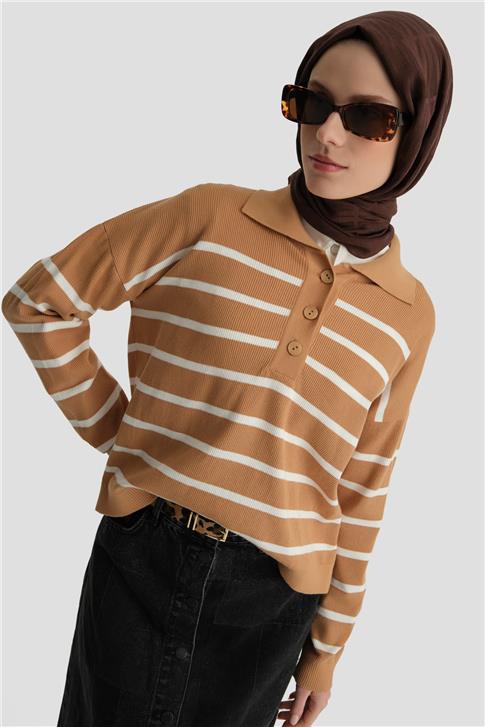 Armine Çizgili Triko Kazak 24KD4208 Camel