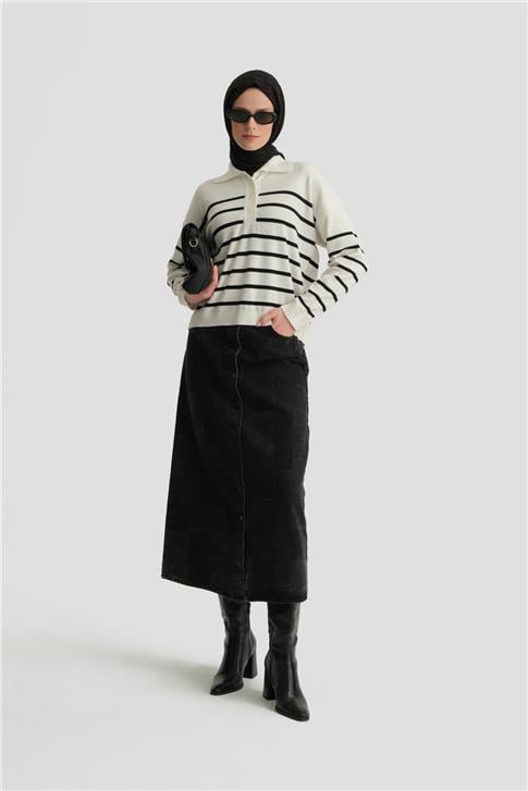 Armine Çizgili Triko Kazak 24KD4208 Ekru