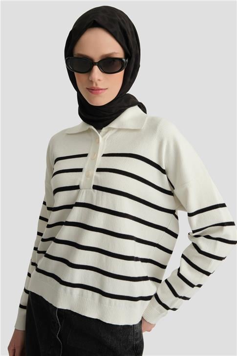 Armine Çizgili Triko Kazak 24KD4208 Ekru
