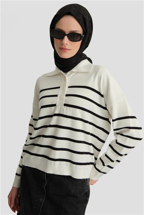 Armine Çizgili Triko Kazak 24KD4208 Ekru