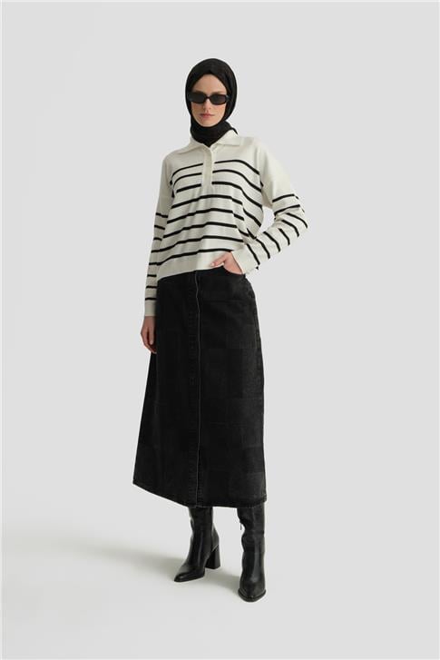 Armine Çizgili Triko Kazak 24KD4208 Ekru