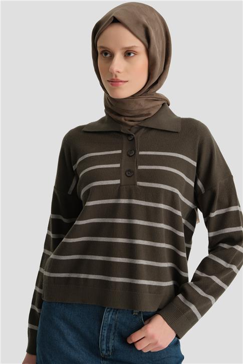 Armine Çizgili Triko Kazak 24KD4208 Haki