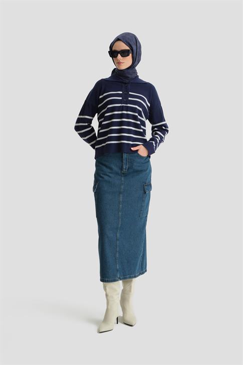 Armine Çizgili Triko Kazak 24KD4208 Lacivert