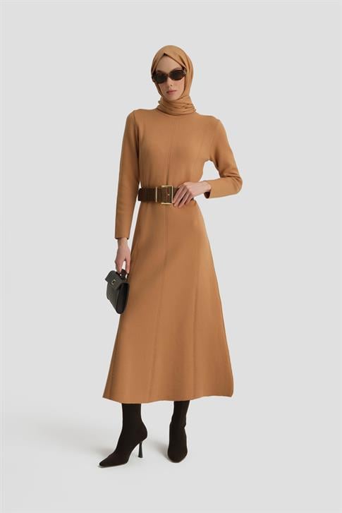 Armine Uzun Kol Triko Elbise 24KD4217 Bisküvi