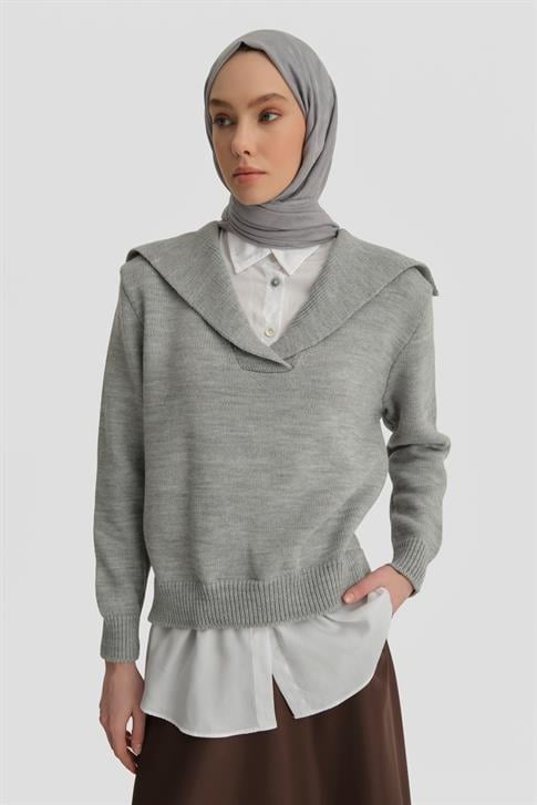 Armine Poplin Mixli Kazak 25KD4218 Gri-Beyaz