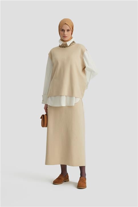 Armine Sıfır Kol Kazak Etekli Takım 24KD4220 Bej