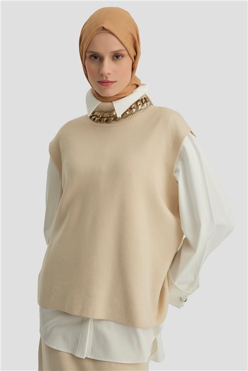 Armine Sıfır Kol Kazak Etekli Takım 24KD4220 Bej