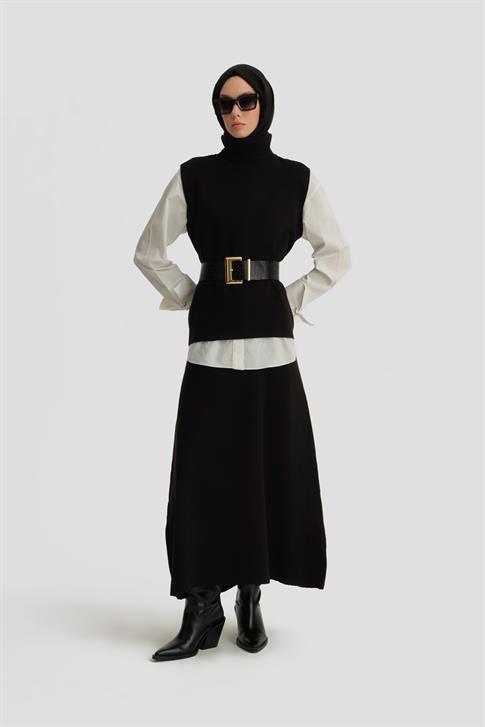 Armine Sıfır Kol Kazak Etekli Takım 24KD4220 Siyah