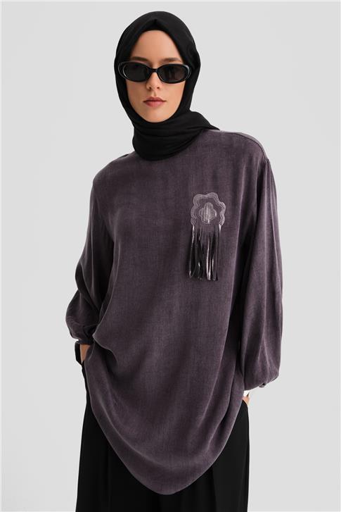 Armine Simli Çiçek Aplikeli Cupra Tunik 24K4303 Mor