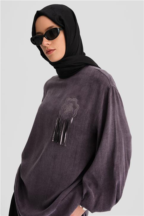 Armine Simli Çiçek Aplikeli Cupra Tunik 24K4303 Mor