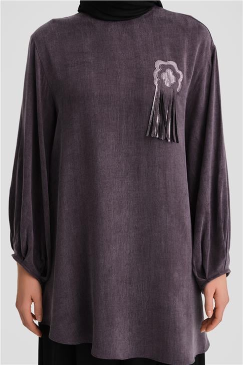 Armine Simli Çiçek Aplikeli Cupra Tunik 24K4303 Mor