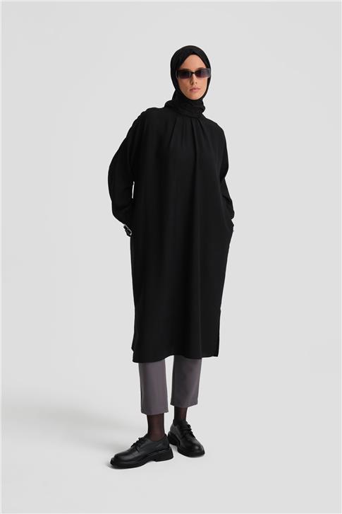 Armine Kolu Tokalı Tunik Tencel Elbise 24K4314 Siyah