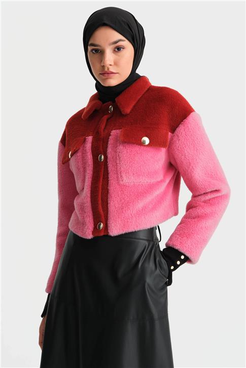 Armine Blok Renkli Peluş Ceket 24K5600 Kırmızı