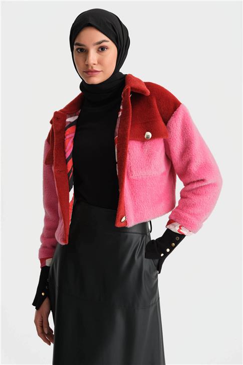 Armine Blok Renkli Peluş Ceket 24K5600 Kırmızı