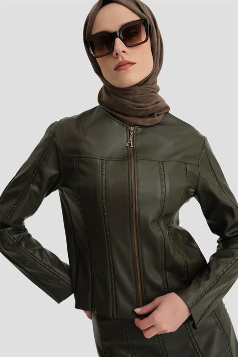 Armine Trok Biyeli Deri Ceket 24K5716 Haki