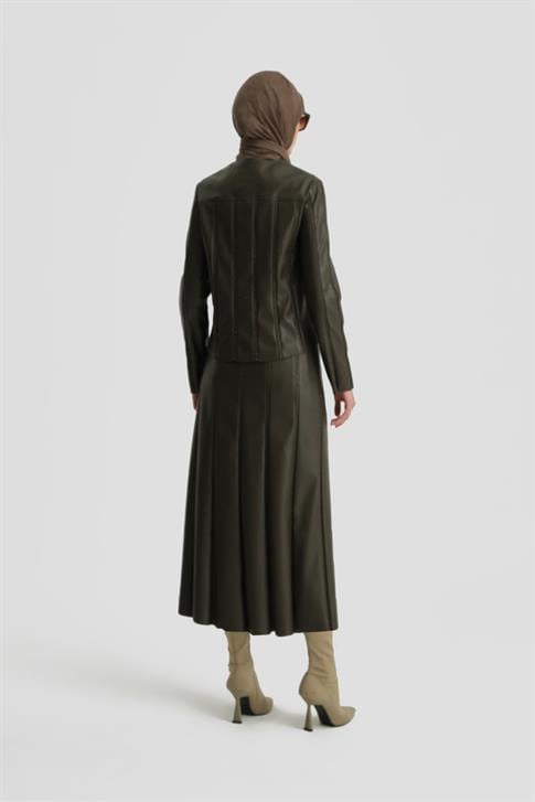 Armine Trok Biyeli Deri Ceket 24K5716 Haki