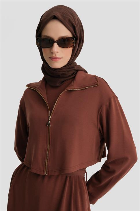 Armine Hırkalı Örme Elbise 24KD6815 Kızıl Kahve