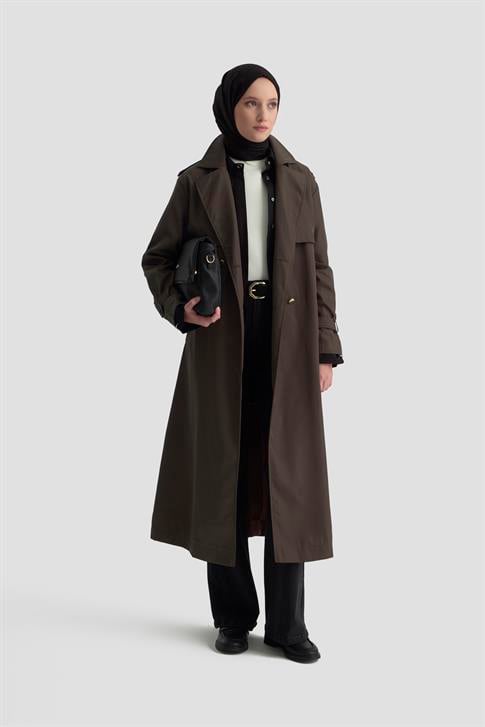 Armine Gold Düğmeli Trençkot 25KTD709 Kahverengi